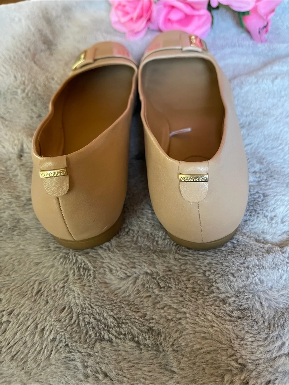 Calvin Klein Beige Patent Leather Ballet Flats with Gold Logo Accent
